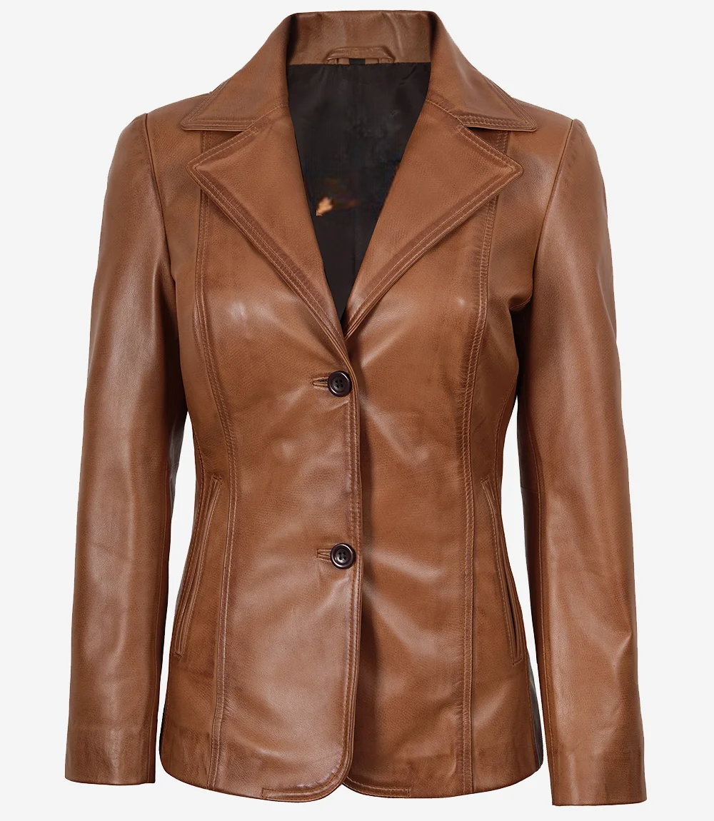 Womens Notch Lapel Two Button Tan Leather Blazer