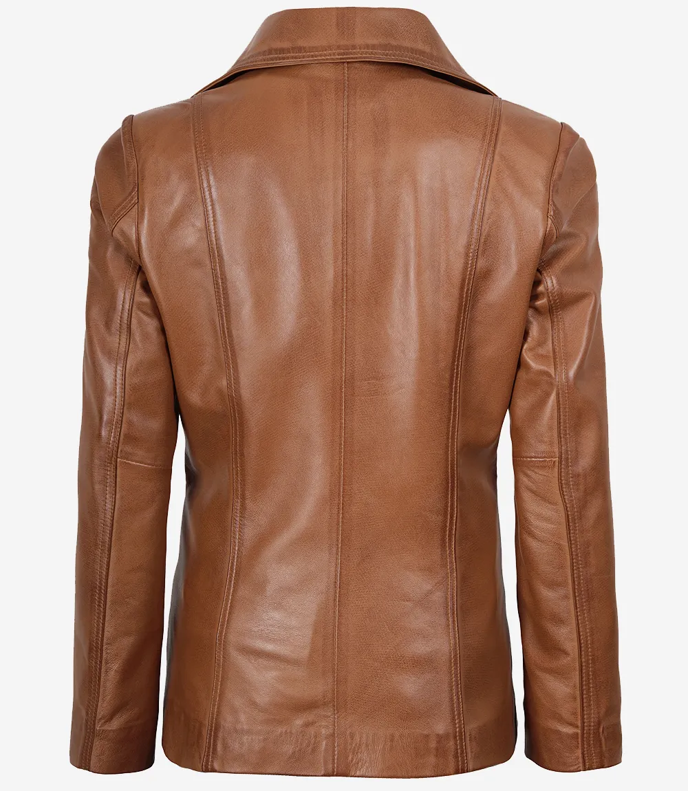 Womens Notch Lapel Two Button Tan Leather Blazer