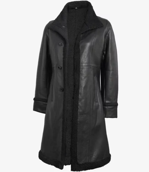 Women's Real Leather 34 Length Black Shearling Coat