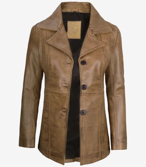 Women's Three-Button Camel Brown Leather Blazer