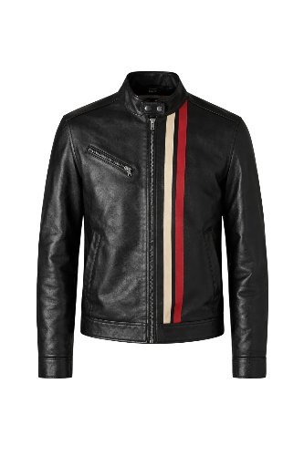 Men's Black Moto Leather Jacket with Stripes