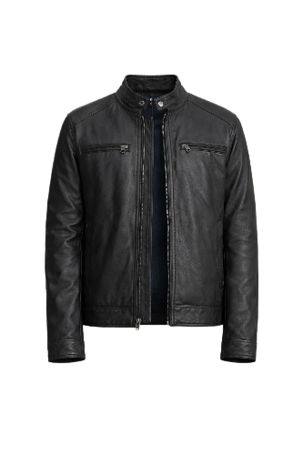 Men's Black Shoulder Patches Biker Leather Jacket