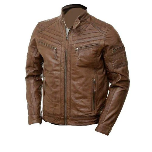 Men's Brown Biker Style Moto Rugged Leather Jacket