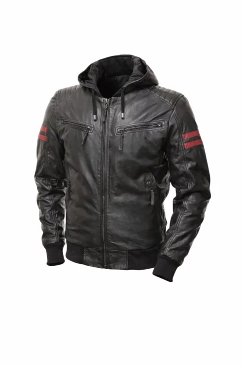 Men's Jed Black Leather Jacket With Hood