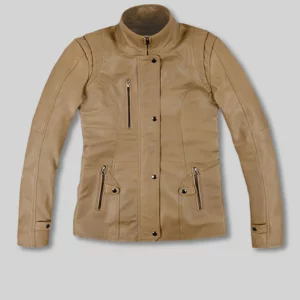 Women’s Beige Stand Collar Leather Jacket with Zip Pockets
