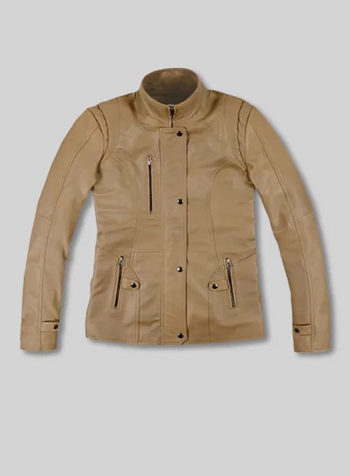 Women’s Beige Stand Collar Leather Jacket with Zip Pockets