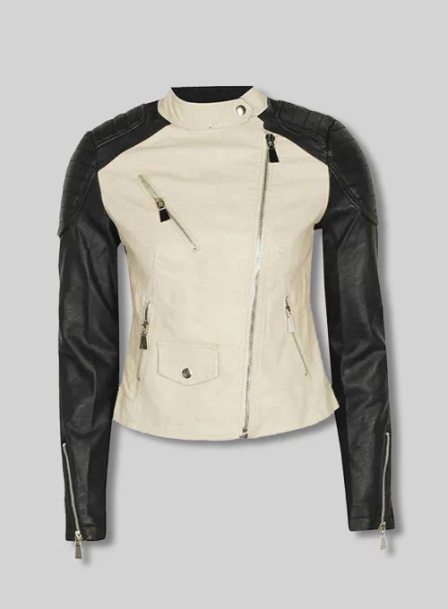 Women’s Black and White Asymmetrical Biker Leather Jacket
