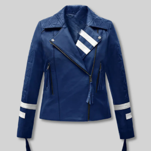 Women’s Blue Asymmetrical Biker Leather Jacket with White Stripes