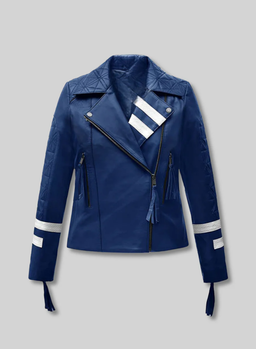 Women’s Blue Asymmetrical Biker Leather Jacket with White Stripes