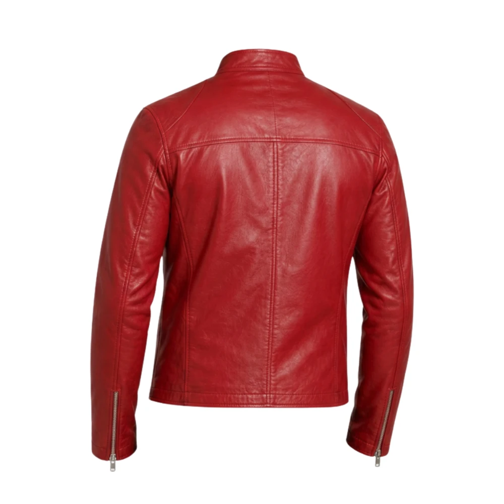 Men's Red Biker Leather Jacket With Zipper Style