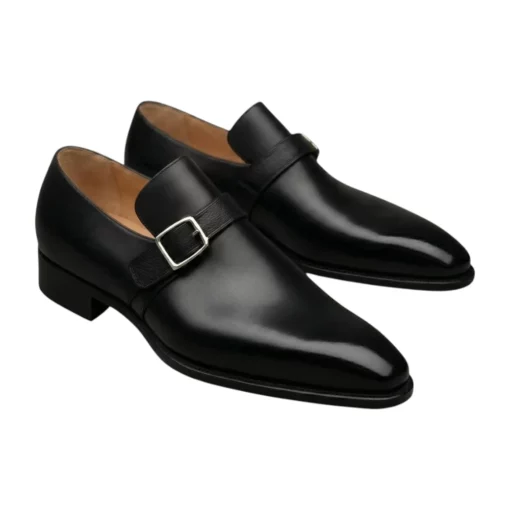Black Leather Single-Buckle Brogue Monk Shoes Men main image 4